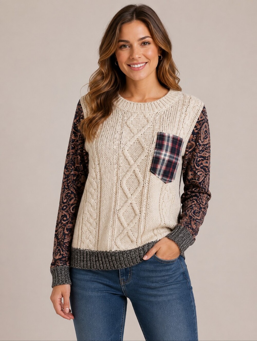 Gimmicks By BKE Tan Plaid Sleeve Lace Back‎ Pullover Size Small